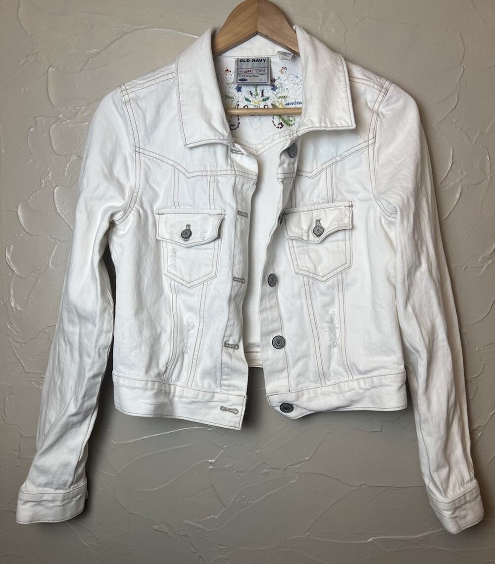 Vtg Old Navy White Denim Jacket Distressed Floral Embroidered Cropped Sz Medium